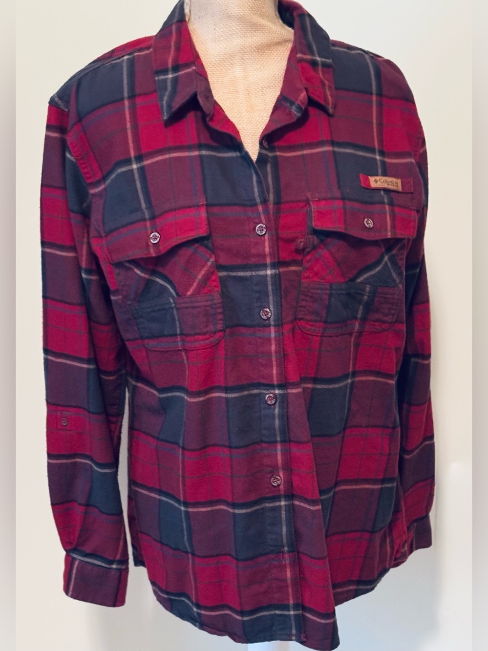 Columbia * Red Navy Plaid Button-Down Flannel Shirt, XL Ladies